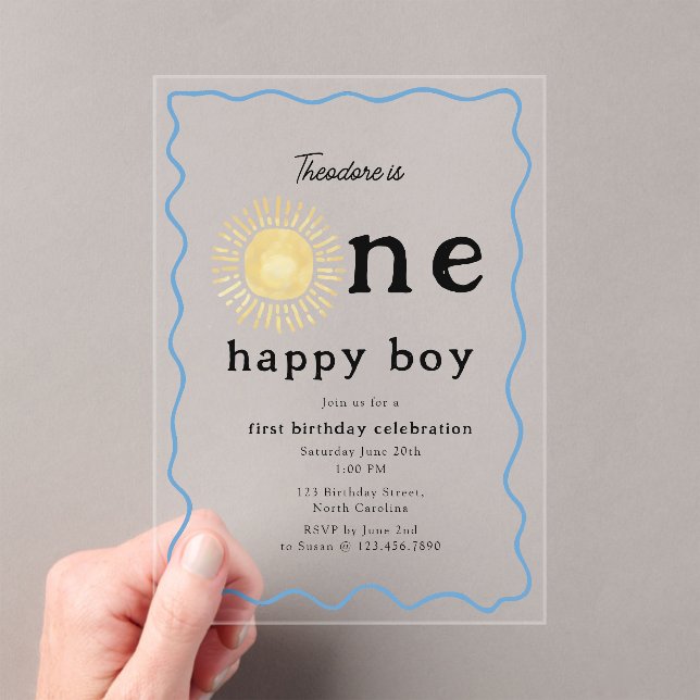 Invitaciones Acrílicas Boho Sunshine First Birday One Happy Boy Retro (Insitu (portátil))
