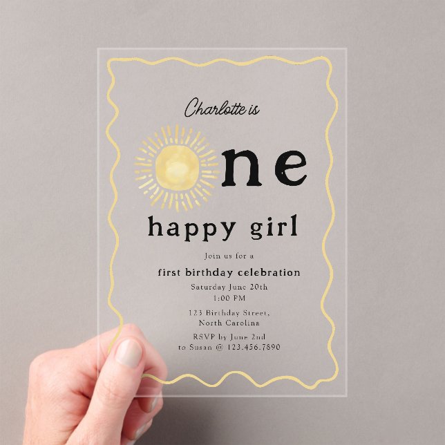 Invitaciones Acrílicas Boho Sunshine primer cumpleaños un feliz Chica ret (Insitu (portátil))