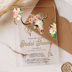 Invitaciones Acrílicas Boho Tribal Floral Cráneo de Vaca Despedida de Sol
