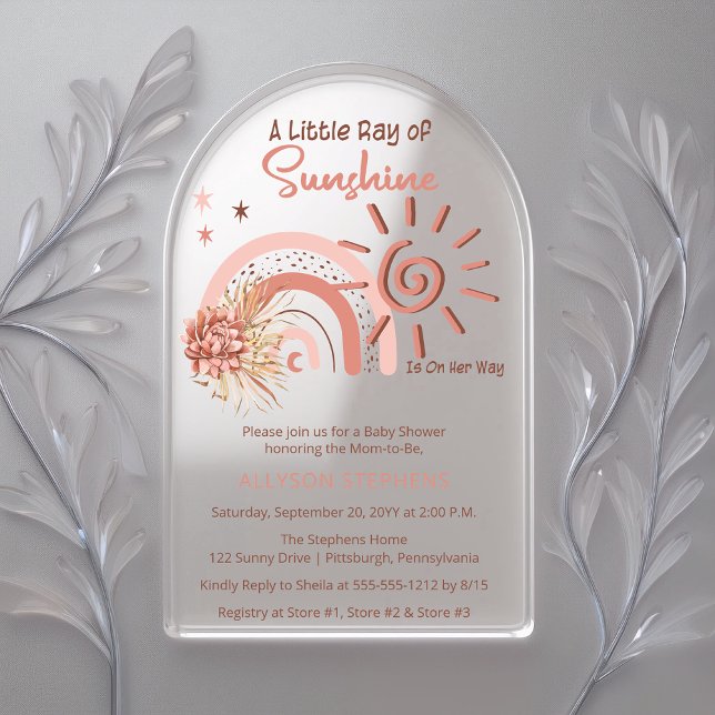 Invitaciones Acrílicas Boho Un pequeño rayo de luz solar Chica Baby Showe (Boho "A Little Ray of Sunshine" Girl Baby Shower Acrylic Invitations)