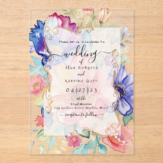 Invitaciones Acrílicas Boho Vibrant  Flowers Flat Invitation Frame