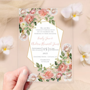 Invitaciones Acrílicas Boho Victorian Rosa Geometric Gold Frame Boda