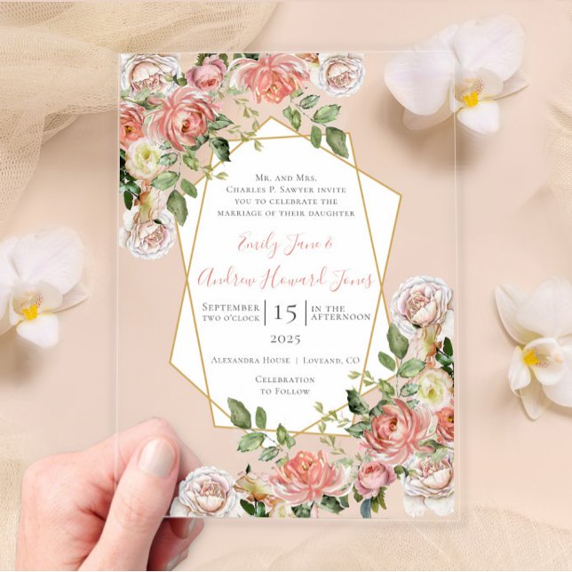 Invitaciones Acrílicas Boho Victorian Rosa Geometric Gold Frame Boda (Subido por el creador)