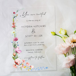Invitaciones Acrílicas Boho Watercolor Wildflower Calligraphy Wedding