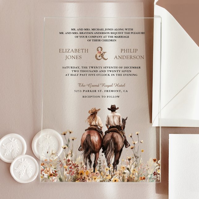 Invitaciones Acrílicas Boho Western Couple Riding Horse Wedding (Subido por el creador)