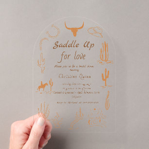 Invitaciones Acrílicas Boho Western Saddle up Cowboy Despedida de soltera