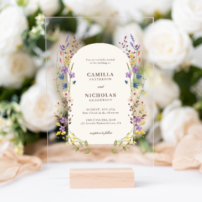 Invitaciones Acrílicas Boho Whimsical Wildflower Arch Boda (Subido por el creador)