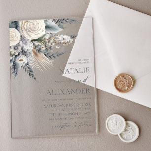 Invitaciones Acrílicas Boho White Rose Flor Floral Boda Jardín