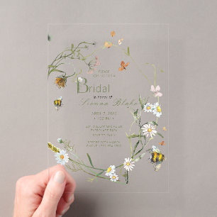Invitaciones Acrílicas Boho Wildflower Bee Beige Bridal Shower