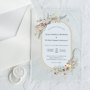 Invitaciones Acrílicas Boho Wildflower Fern Dusty Blue Boda