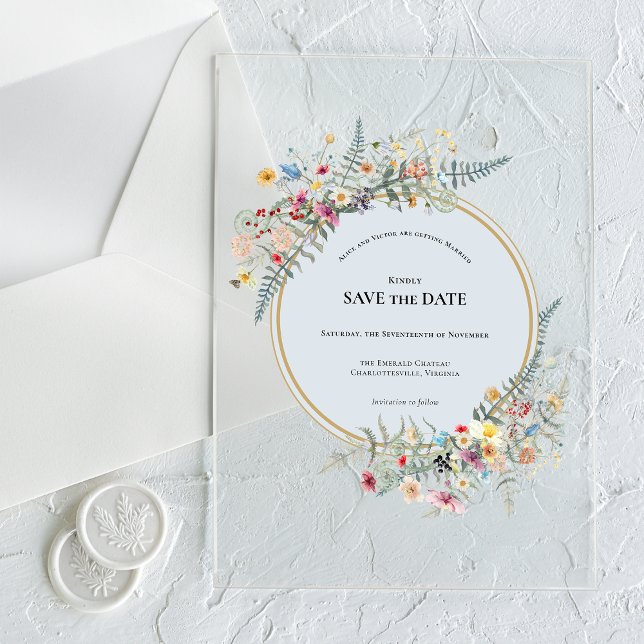 Invitaciones Acrílicas Boho Wildflower Fern Dusty Blue Save the Date (Subido por el creador)