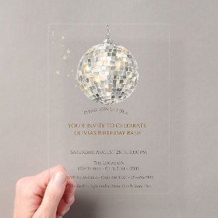 Invitaciones Acrílicas Bola de Discoteca Retro Cumpleaños Simple