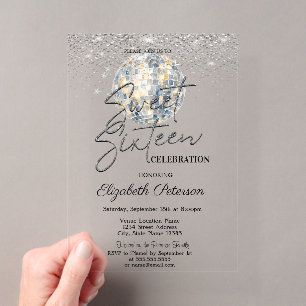 Invitaciones Acrílicas Bola de Discoteca Retro Rayas Azules Sweet 16