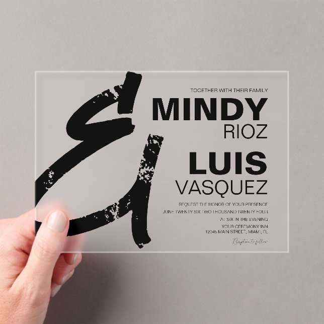 Invitaciones Acrílicas BOLD AMPERSAND Grunge Black White Boda (Insitu (portátil))