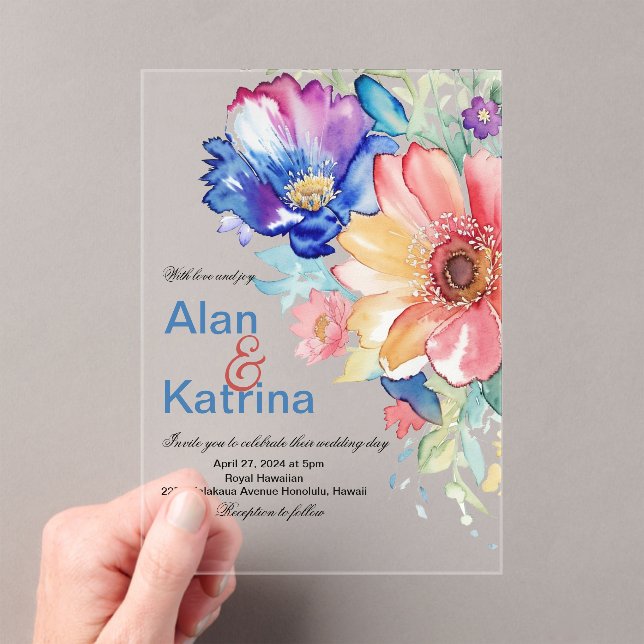 Invitaciones Acrílicas Bold Wildflower Garden Blue Pink Peach Floral (Insitu (portátil))