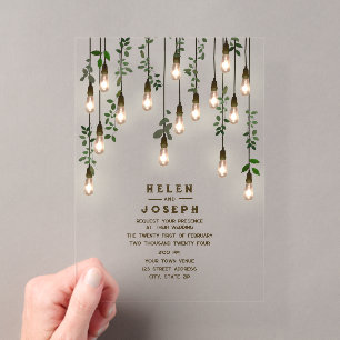Invitaciones Acrílicas Bombillas Antiguas Verde Botánico Boda