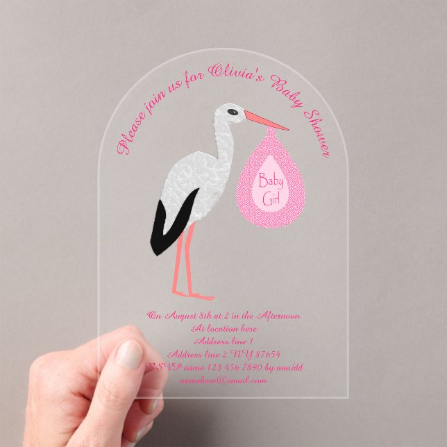 Invitaciones Acrílicas Bonito Bebé Rosa Personalizado Stork Baby Shower (Insitu (portátil))