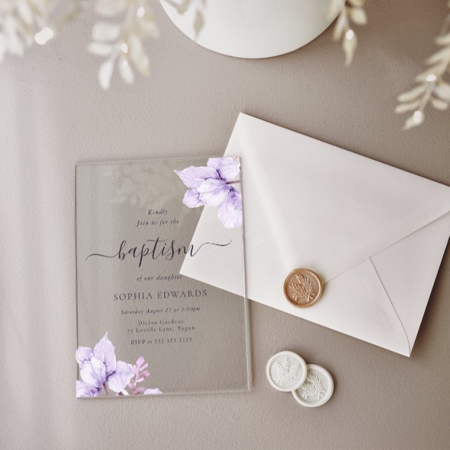 Invitaciones Acrílicas Bonito Chicas morados florales bautismo (Subido por el creador)