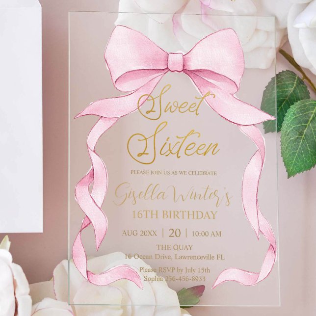 Invitaciones Acrílicas Bonito Coquette Pink Ribbon Bows Dulce 16 Cumpleañ (Subido por el creador)