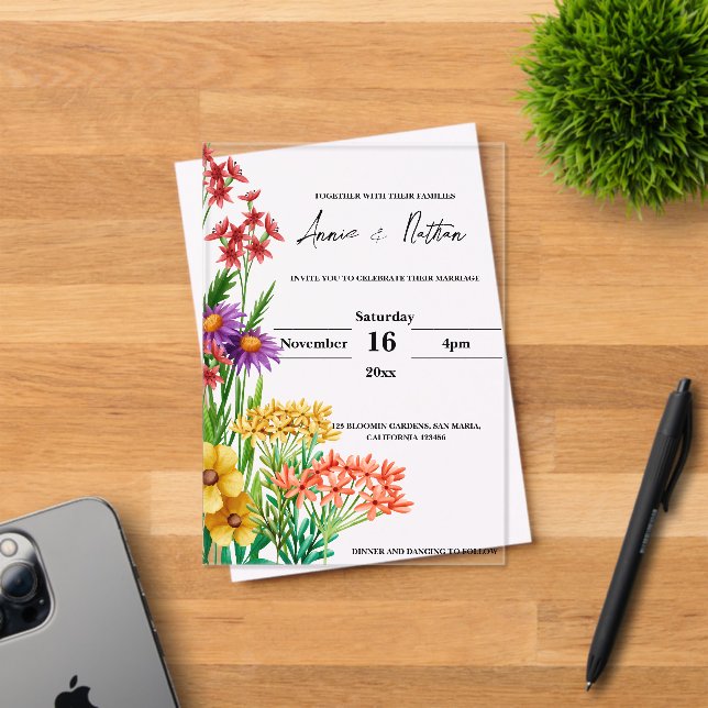 Invitaciones Acrílicas Bonito Naranja Purple Wildflowers Boda Floral (Insitu (Tarjeta de Invitación))