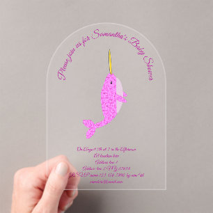 Invitaciones Acrílicas Bonito niña rosa Narwhal Personalizado Baby Shower
