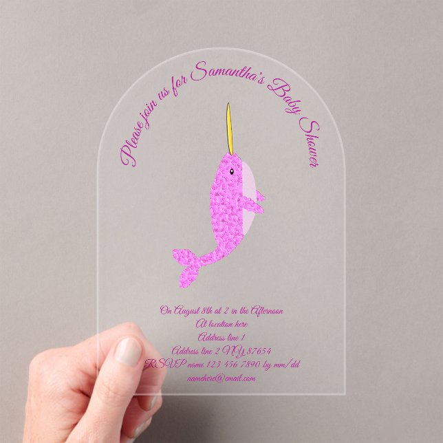 Invitaciones Acrílicas Bonito niña rosa Narwhal Personalizado Baby Shower (Insitu (portátil))