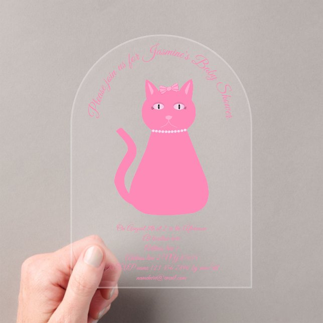 Invitaciones Acrílicas Bonito Niña Rosa Personalizado Gato Baby Shower (Insitu (portátil))