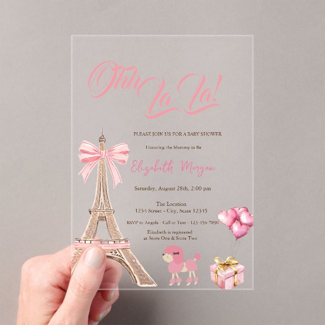 Invitaciones Acrílicas Bonjour Bébé Eiffel Tower Bow Striped Baby Shower (Insitu (portátil))