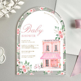 Invitaciones Acrílicas Bonjour Bebe French Pink Parisian Cafe Baby Shower