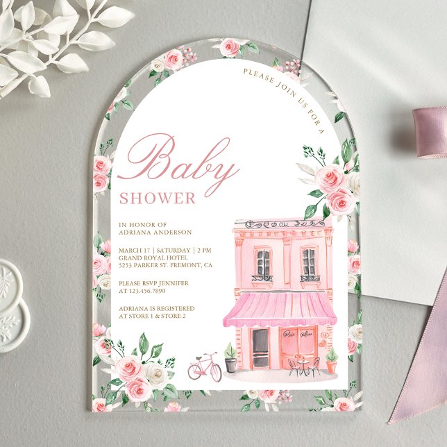 Invitaciones Acrílicas Bonjour Bebe French Pink Parisian Cafe Baby Shower (Subido por el creador)