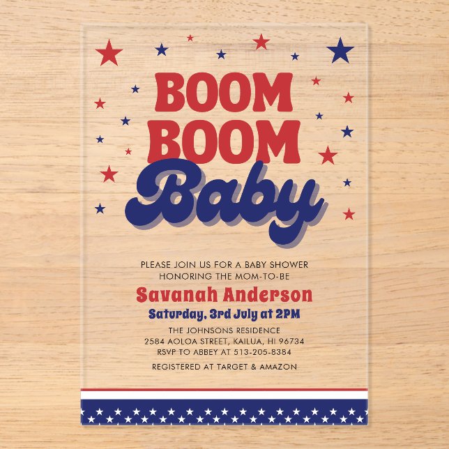 Invitaciones Acrílicas Boom Boom Baby 4jul Baby Shower Patriótico (Anverso)