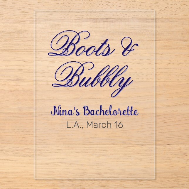 Invitaciones Acrílicas Boots & Bubble bachelorette party name purpleplace (Anverso)