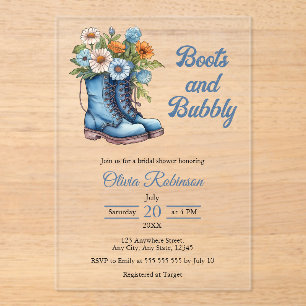 Invitaciones Acrílicas Boots & Bubbly Western Cowgirl Blue Brillower