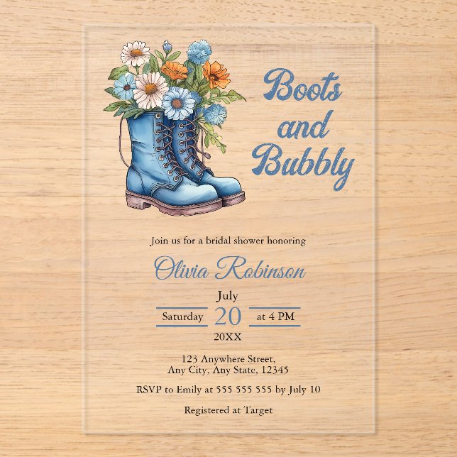 Invitaciones Acrílicas Boots & Bubbly Western Cowgirl Blue Brillower (Anverso)