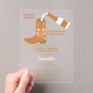 Invitaciones Acrílicas Boots burbujeantes Rústica, ducha de novias en el 
