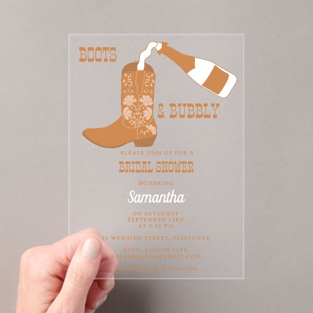 Invitaciones Acrílicas Boots burbujeantes Rústica, ducha de novias en el  (Insitu (portátil))