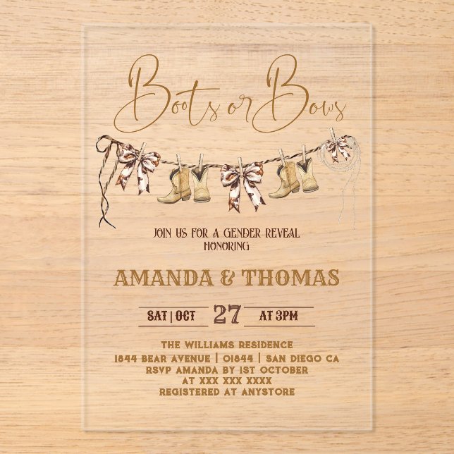 Invitaciones Acrílicas Boots o doblas revelaciones de género occidentales (Anverso)