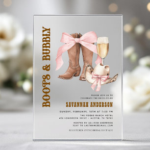Invitaciones Acrílicas Boots rosados y ducha de novias occidental burbuje