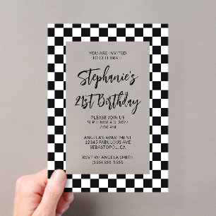 Invitaciones Acrílicas Borde a Cuadros en Blanco y Negro Cumpleaños 21