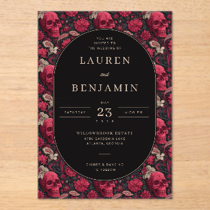 Invitaciones Acrílicas Borde de cráneo floral rojo gótico