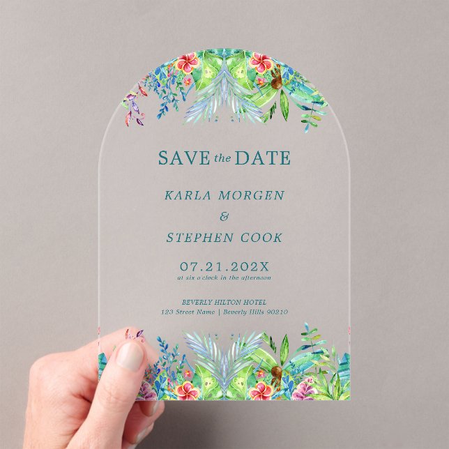 Invitaciones Acrílicas Borde de Flores Tropicales Coloridas (Insitu (portátil))