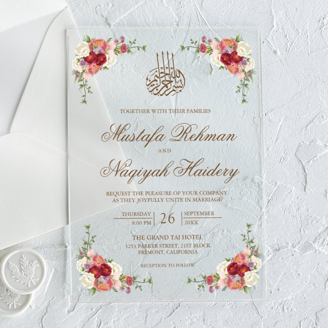 Invitaciones Acrílicas Borde de ramo floral vintage para boda islámica (Subido por el creador)