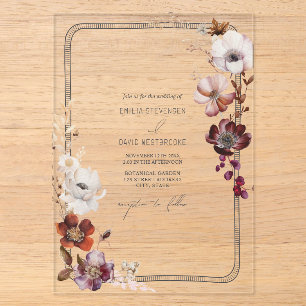 Invitaciones Acrílicas Borde floral de anemona rústica dibujado a mano