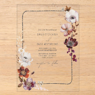 Invitaciones Acrílicas Borde floral escalonado de anemona rústica dibujad