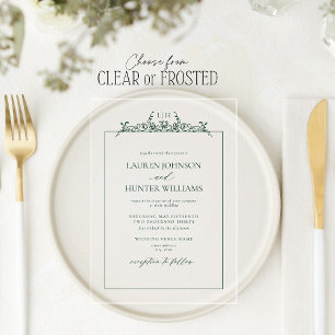Invitaciones Acrílicas Borde Floral Verde Esmeralda con Monograma para Bo