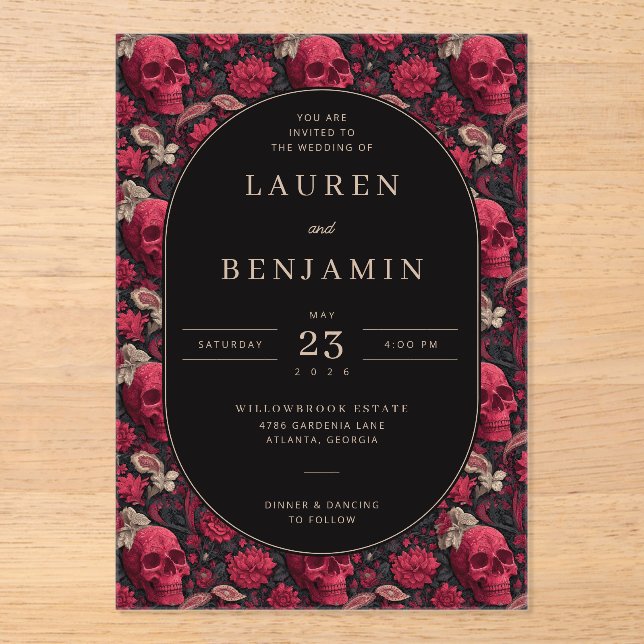Invitaciones Acrílicas Bordeaux Gothic Paisley Wedding (Anverso)
