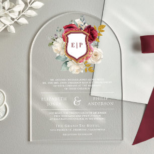 Invitaciones Acrílicas Bordó Floral Cresta Monograma Boda