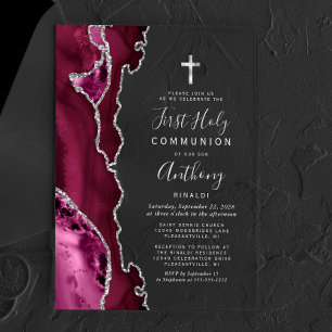 Invitaciones Acrílicas Borgoña Agate Silver Texto Primero Santa Comunión