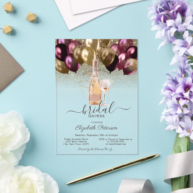 Invitaciones Acrílicas Borgoña Balloons Wine Set Purpurina Bridal Shower (Insitu (Boda))