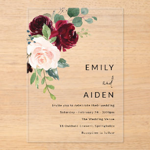 Invitaciones Acrílicas Borgoña Boda de Vino Rojo y Rubor Floral